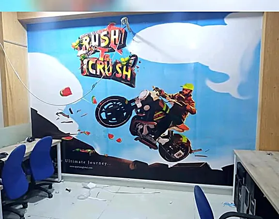 A large vinyl wall graphic of a motorbike